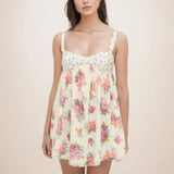 Bonnyshow  Holiday Contrast color Floral Print Sling Mini Dress Patchwork Chest Push Up Back Backless Short Tank Dresses Woman Robe Beach