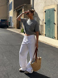 Bonnyshow  Women's Casual Knit Tops Chic Short Sleeve Pure Wool Lightweight Loose Fit Simple Shirts 2025 Fashion Summer Commute Lady Outfit