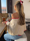 Bonnyshow  Fashion Loose Knitted Sweater Women Red Trim O-neck Full Loose Sleeve Sweaters 2025 Elegant Female Casual Stylish Autumn Winter