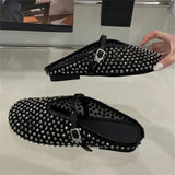 Bonnyshow  Fashion Design Crystal Rhinestone Round Toe Buckle Strap Mules Slippers Women Elegant Low Heels Casual Party Dress Shoes