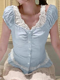 Bonnyshow  Sweet Simple Slim Fit Lace Spliced Women Plaid Shirts Fashion Causal Ruffly Bow Fake 2 Piece Blouses