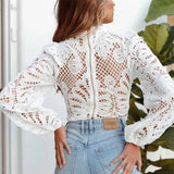 Bonnyshow Sexy Long Sleeve Lace Blouse Women Tops Casual White Crochet Hollow Out Cropped Women's Shirt Turtleneck Female Blusas