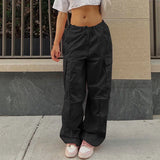 Bonnyshow Cargo Pants Women Spring New Streetwear Solid Fashion Pockets Drawstring Loose Trousers Casual Slim Versatile Lady Cargo Pants