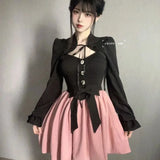 Bonnyshow Y2k Black Long Sleeve Cardigans Women+ Fashion Sweet Slim Waist Bow Strap Dresses   Autumn New Two Piece Sets