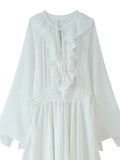 Bonnyshow  Boho White Maxi Dress For Women Long Sleeve V Neck Ruffle Elegant Beach Dresses Loose Fit Summer Robe Casual Dress