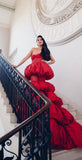 Bonnyshow Red Bubble Mermaid Long Evening Dresses Layered Illusion Sexy Formal Party Dress Sweetheart Strapless Long Maxi Gowns