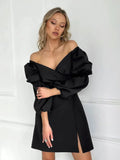 Bonnyshow Autumn Winter Sexy Retro V-neck Long Sleeved Dress Commuting Pleated Slim Fit Split Skirt Fashionable Women's Dress