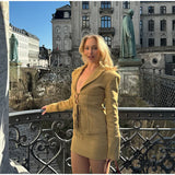Bonnyshow  Retro Lace Up Suit Jacket Mini Skirt Set Women Sexy Hollow Out Lapel Jackets A-lined Skirts Female's Sets 2025 Chic Streetwear