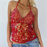 Bonnyshow  Women Sequin Halter Top Sexy Sleeveless Deep V Neck Glitter Tank Top Sparkle Backless Crop Top Summer Streetwear