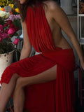 Bonnyshow  Women Red Sleeveless O-neck Fold Backless Dresses Sexy Vacation Ladies Show Waist Mid-calf Evening Dress 2025 Summer Fashion New