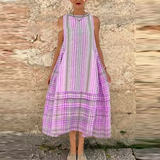 Bonnyshow  Summer Elegant O-neck Big Hem Pullover Dress 2024 Vintage Striped Print Long Dress Women Casual Sleeveless Loose Halter Dress