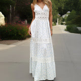 Bonnyshow  Women Lace Patchwork Maxi Dress Backless Boho Floral Long Dress Spaghetti Strap V Neck Low Cut Flowy Sunderss