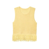 Bonnyshow  Summer New Popular Women's Clothing Cutout Tassel Sleeveless Top Knitted Casual Versatile