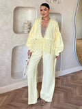 Bonnyshow  Casual Deep V-neck Shirt Long Pant Set Women Fashion Solid Flowers Lace Up Shirts Straight Pants Sets Lady 2025 Chic Streetwear