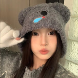 Bonnyshow Cute Bear Ear Protection Hat for Women Autumn Winter Warm Knit Plush Cap Korean Solid Color Cartoon Lady Earmuff Hats