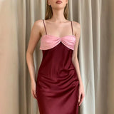 Bonnyshow Autumn and Winter Women's New Style Fashionable Contrast Color Backless Slim Suspender Dress Long Skirt for Women