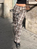 Bonnyshow  Streetwear Drawstring Plaid Pants Elastic Waisted Fashion Casual Sweatpants Harajuku Aesthetic Y2K Straight Pants