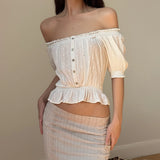 Bonnyshow  Elegant Sexy One Shoulder White T-shirt Aesthetic Chic French Style Ruffles Hem Crop Top Fake Buttons Detail Tee Lady