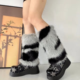 Bonnyshow Zebra Leg warmer Y2k Artificial Fur stripe Socks Japanese Lolita Leg warmer Women Faux Fur Shoes Cuffs Cover Socks Streetwear