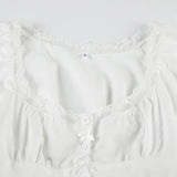 Bonnyshow  Fashion Solid Slim Lace Trim Bow Women Chic T-Shirts Ruffly Causal Simple Summer Trendy Sweet Cute Blouses