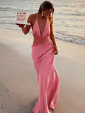 Bonnyshow  Lace Patchwork Vacation Beach Dresses for Women 2025 Summer Sexy Halter Neck Backless Long Maxi Pink Birthday Party Prom Dress
