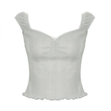 Bonnyshow  Basic V-neck Bow Sleeveless T-shirt Summer Solid Crop Shirring Backless Top Ruffles Chic All-match Slim Outfits