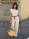 Bonnyshow  New Cotton and Linen Set for Spring and Summer 2025 Is Elegant Featuring A Sleeveless Vest and Wide-leg Trousers A Two-piece Set