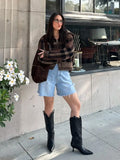 Bonnyshow  Vintage Plaid Zipper Sweater Coat Women Elegant Knitted Thick Brown Sweaters With Pockets Female Versatile Street Daily Outwear
