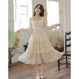 Bonnyshow  Vintage Lace Floral Dress for Woman French Square Collar Splicing Hollow Out Lantern Sleeve Romantic Sweet Elegant Midi Dresses