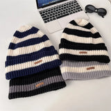 Bonnyshow Korean Stripe Beanie Cap for Women Winter Thick Thread Needle Knitted Hat Vintage Hip Hop Female Slouchy Hats