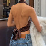 Bonnyshow  Brown Polka Dot Halter Crop Top Swinging Collar Sleeveless Backless Lace-up Tank Top Sexy High Street Fashion Vest