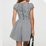 Bonnyshow  Women Y2k Gingham Playsuit Short Sleeve Smocked Babydoll Bodysuit Rompers Flowy A-Line Club Dress Retro Streetwear