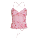 Bonnyshow  Fashion Beading Floral Print Sequin Slim Fit Sexy Y2k Women Camisole Tops Backless Embroidered Design Blouses