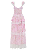 Bonnyshow  Romantic Floral Print Maxi Dress Ruffle Trim Lace Detail Tiered Long Pretty Pink For Women Sleeveless Summer TH9769