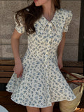 Bonnyshow  French Floral Print Women's Elegant Short Sleeve A-Line Dresses Summer Sweet Country Style Casual High Waist Dress New