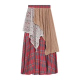 Bonnyshow Streetwear Contrast Color Patchwork A-line Skirt Women 2025 Spring New High Waist Hollow Loose Pleated Plaid Mid-length Skirt