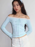 Bonnyshow Autumn Women T-shirt New Sexy Sky Blue Backless Lace Slash Neck Tees Top Streetwear Fashion Casual Slim Female Knitted Clothing
