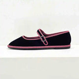 Bonnyshow  Flats Mary Jane Shoes Women 2025 Trend Velvet Casual Streetwear Ladies Shoes Canvas Buckle Strap Pointed Toe Loafers Elegant