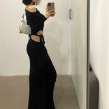 Bonnyshow Spring New Korean Strapless Sexy Threaded Knitted Long Sleeve T-Shirt Women + High Waist Lace Up Black Skirt Two-Piece Suit