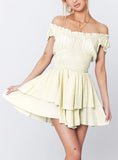 Bonnyshow White Short Sleeve Dress Women‘s Summer Dress Fashion Ruffle Mini Dress Women’s Sexy Strapless Dress