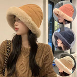 Bonnyshow Lamb Hair Thickened Warm Plush Bucket Hat Fluffy Autumn And Winter Velvet Cap Ear Protection Fisherman Hat Cute Cold Basin Hats