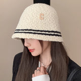 Bonnyshow Winter Lamb Fleece Bucket Hat Women Solid Color Letter Fisherman Cap Korean Wide-brim Windproof Dome Plush Hats