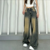 Bonnyshow Korean Fashion High Waist Denim Trousers Women Vintage Washed Do Old Loose Wide Leg Jeans Female Baggy Y2K Cowboy Pants