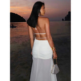 Bonnyshow Summer Camisole Bra Casual Suit See-through Mesh Splicing Slit Skirt Two-piece Set Elegant Sexy Party Beach Club Outfit