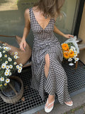 Bonnyshow  Reteo Plaid V Neck Split Sling Dress Women Elegant Splicing Pleated Sleeveless Backless Maxi Gowns Summer Vacation Street Robes