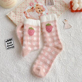 Bonnyshow Japanese Cute Socks for Women Winter Thicken Warm Plush Sock Korean Strawberry Print Coral Fleece Floor Sleeping Socks
