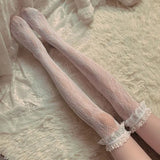 Bonnyshow Japanese Lolita Lace Ruffle Socks for Women Cute Heart Striped Over Knee Stockings Summer Breathable Mesh Lady Thigh High Socks