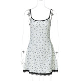 Bonnyshow  New Fresh And Fashionable Floral Beach Versatile Sexy Short Dress With Strap And Lace Edge