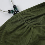Bonnyshow  Fashion Flora Print Irregular Slim Fit Women Halter Tops Simple Causal Retro Knitted Ruched Beading Blouses
