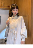 Bonnyshow Girl Style Sweet Cute Beige Dress Fake Two-piece Loose Long-sleeved Pleated Hem Long Shirt Japanese Knitted Dress for Women